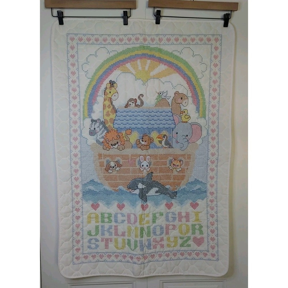 Y2K Handmade Special Ed. Finished NOAH'S ARK Cross Stitch CRIB COVER Baby Quilt